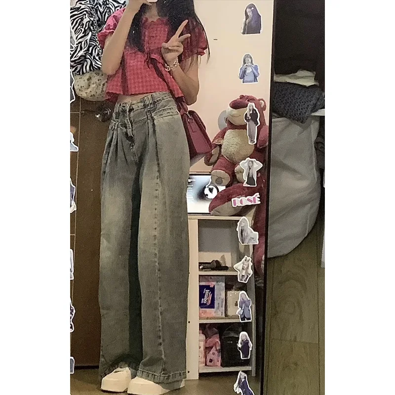 

High Waist Wide Leg ort Women's Jeans Summer Thin American Retro Loose Slimming Straight Drapey Pants Long Trousers