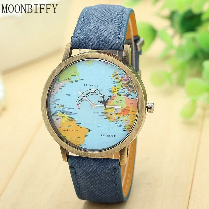 

2022 Fashion Global World Map Plane Denim Fabric Band Watch Casual Men Women Wristwatches Quartz Watch Gift Horloges Relógio