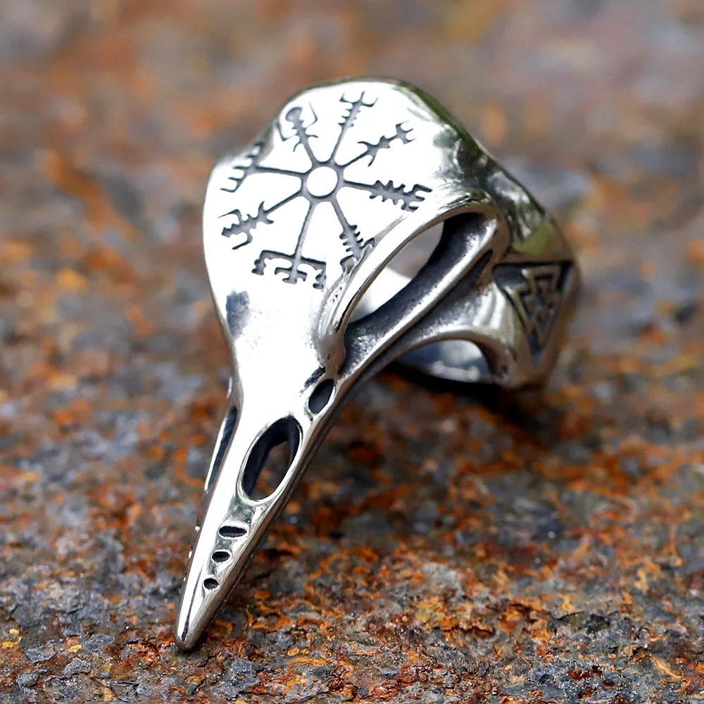 

NEW Men's 316L stainless-steel rings Viking Raven head Vintage Vegvisir ring for teens Odin Amulet Jewelry Gifts free shipping