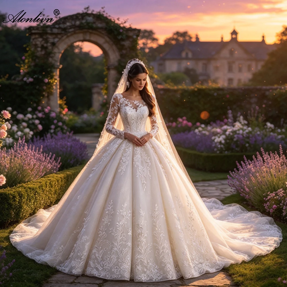 Alonlivn Customize Made Exquisite Appliques Lace O-Neck Ball Gown Wedding Dress Royal Train Full Sleeves Princess Bridal Skirt