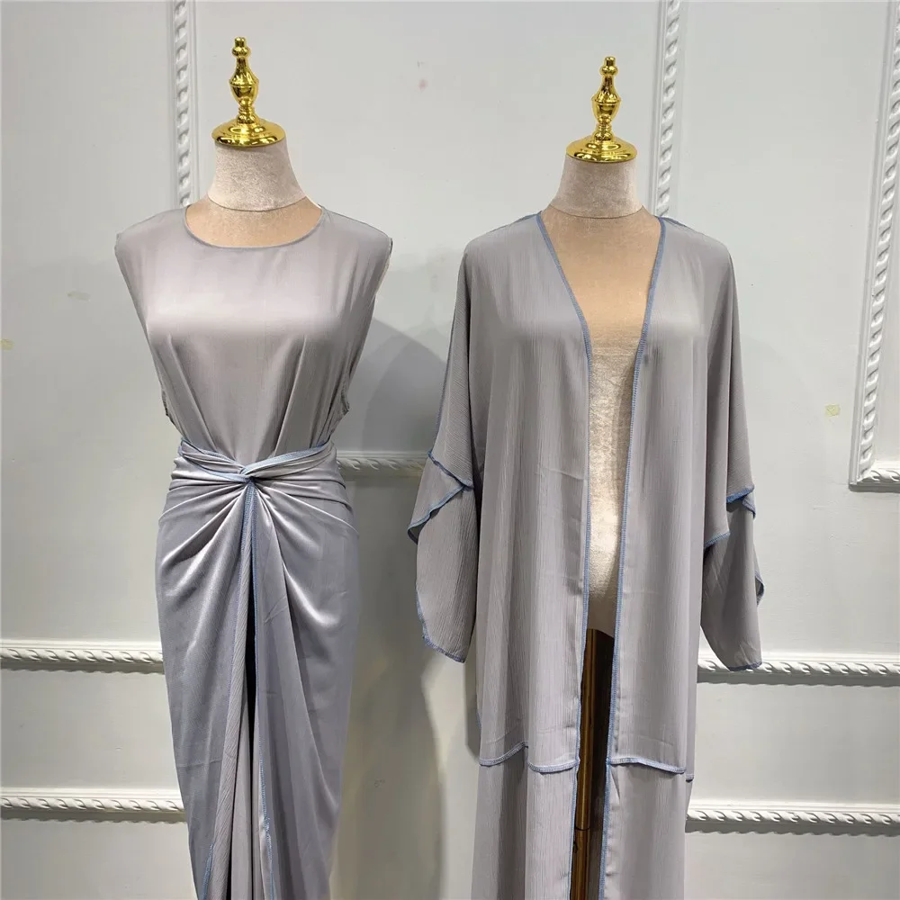 Women Solid Color Abaya Islamic Ramadan Dubai Kaftan Muslim Hijab Dress Arabic Open Kimono+Dress+Wrap Turkey Middle East Clothes