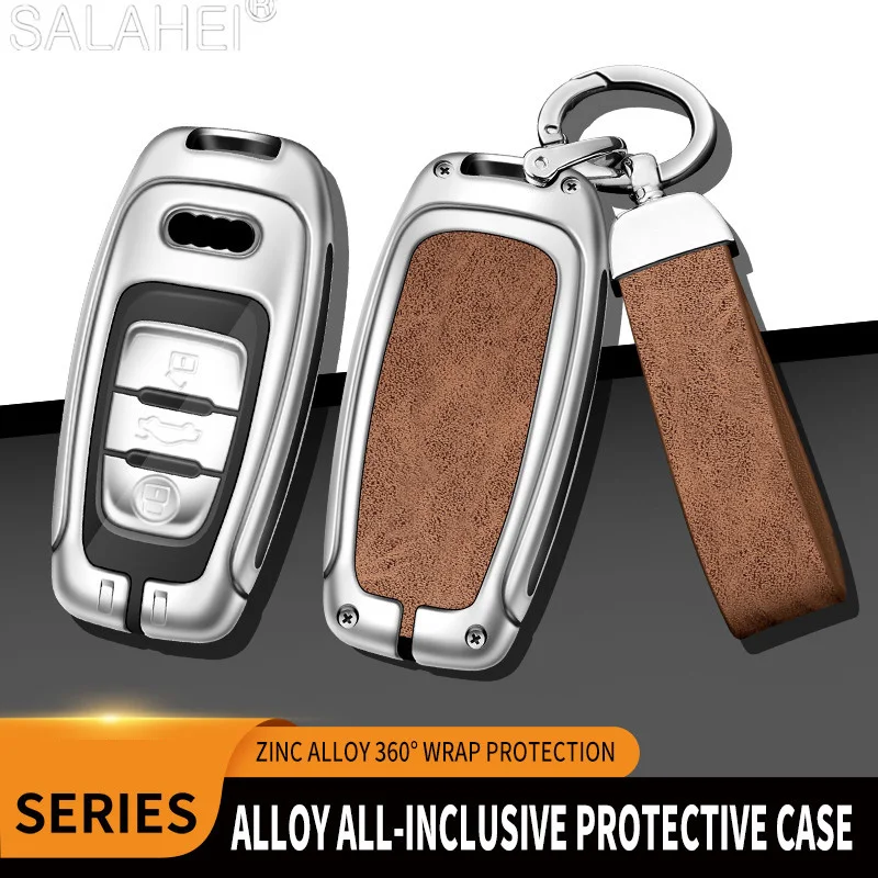 

Leather Car Key Case Cover 3button Key Alloy Protect Shell For Audi A4 B8 B9 A5 A6 C7 C8 A7 A8 Q3 Q5 8R Q7 TT Keychain Accessory