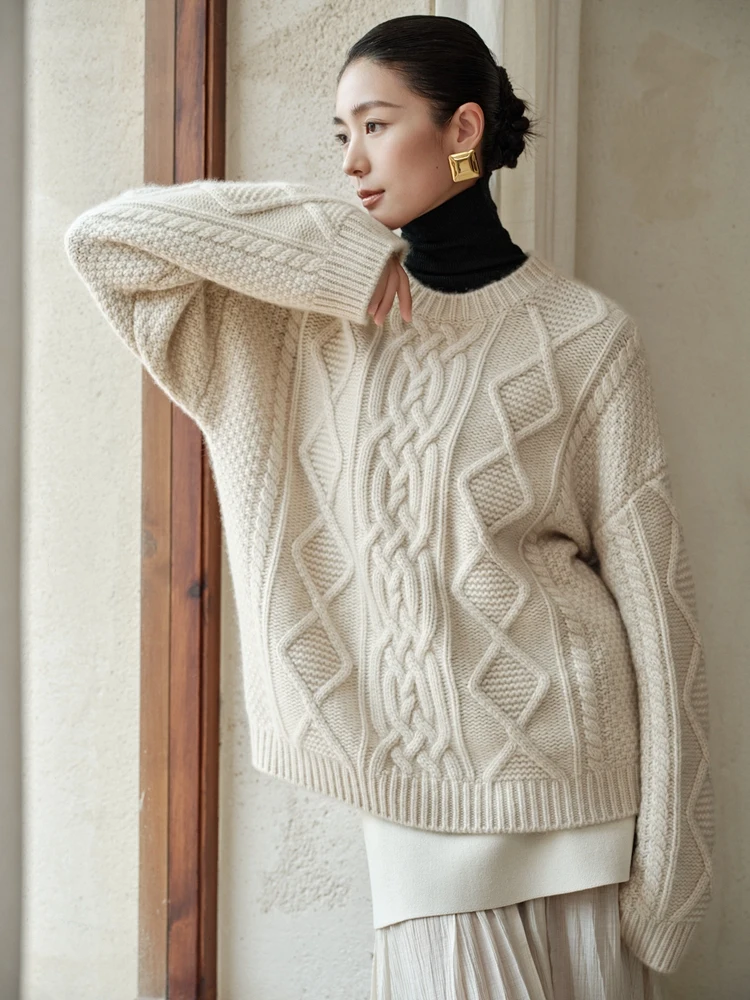 

TLOML Minimalist Premium Women's 100% Cashmere Sweater O-neck Cable Knit Pullover Sweater Autumn Winter Solid Loose Thicken Tops