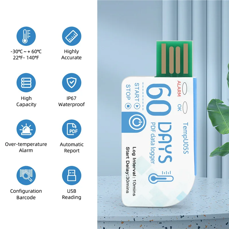 ABKQ-10Pcs Tempu05s USB อุณหภูมิ Data Logger 60 วันใช้เครื่องวิเคราะห์อุณหภูมิรายงาน PDF USB อุณหภูมิ Logger