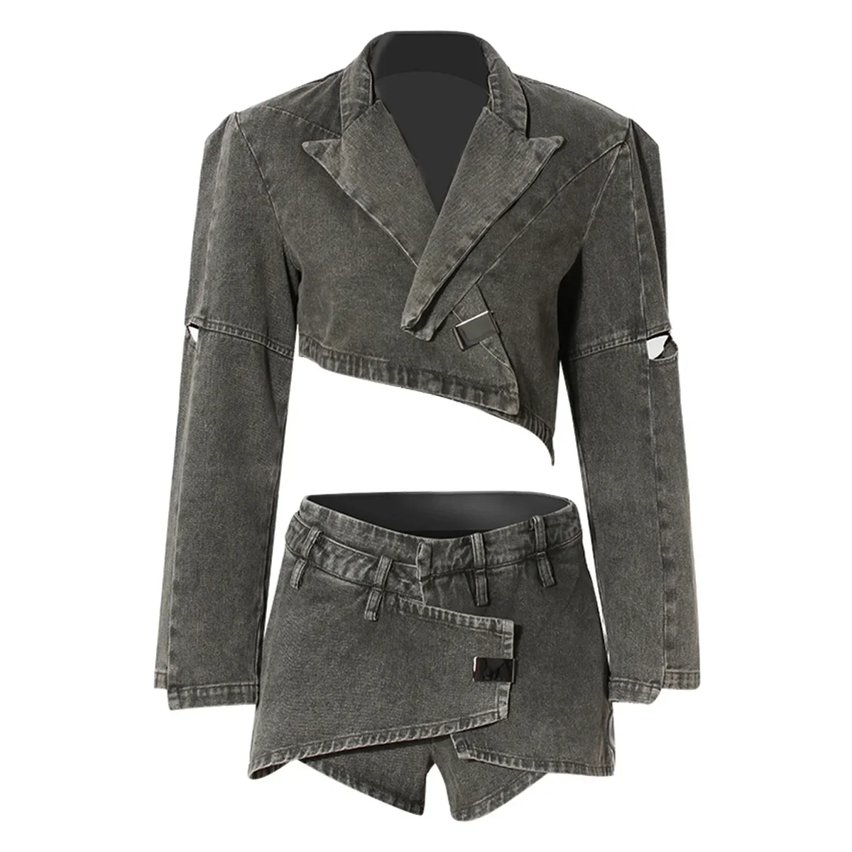 Blazer et short en denim à manches longues pour femmes, ensemble de pantalons imbibés, veste de surintendant, vêtements de travail d'affaires féminins, manteau de printemps, 2 pièces