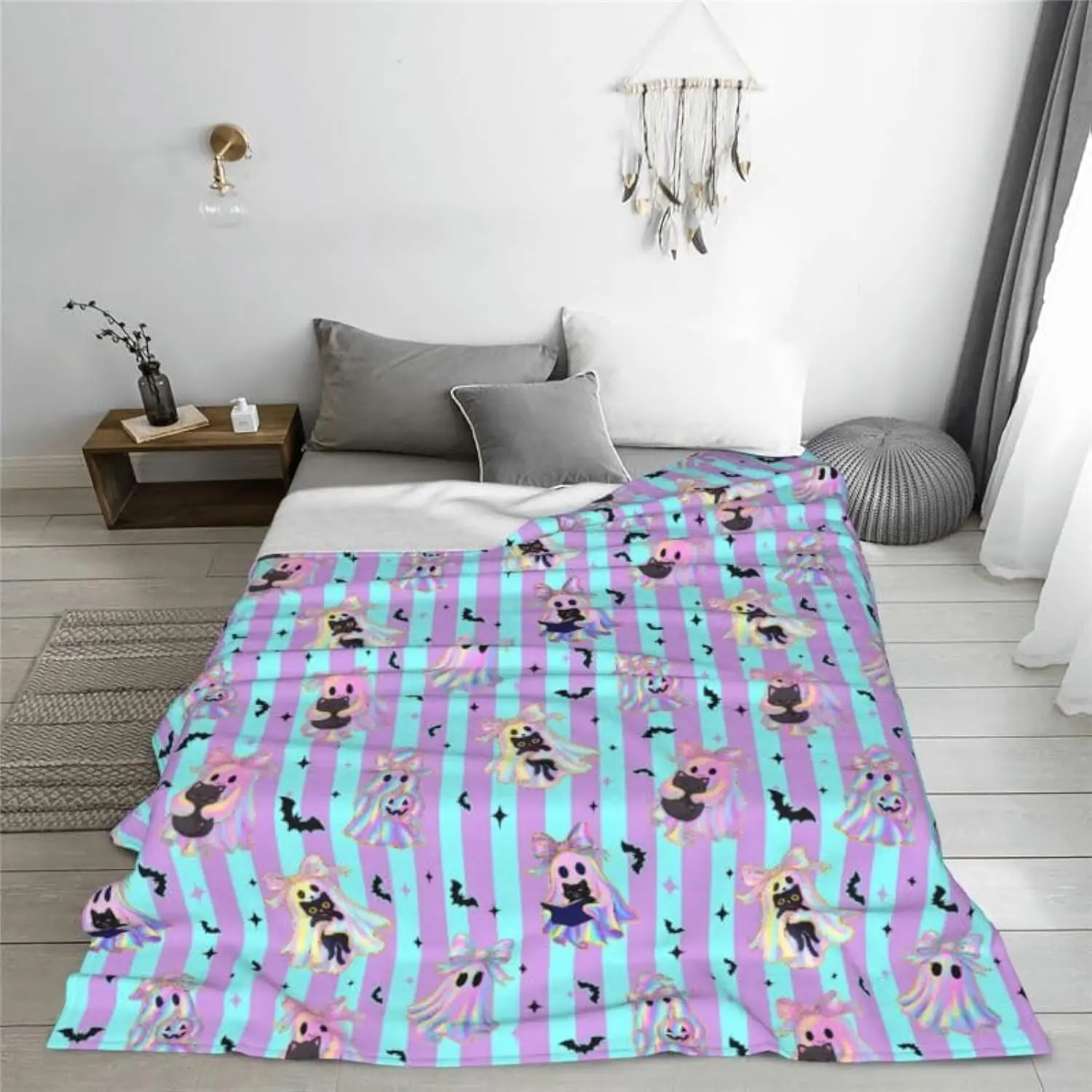 Halloween Reading Ghost Throw Blanket Preppy Striped Flannel Bedding Soft Warm Aesthetic Home Sofa Decor for Kids Adults
