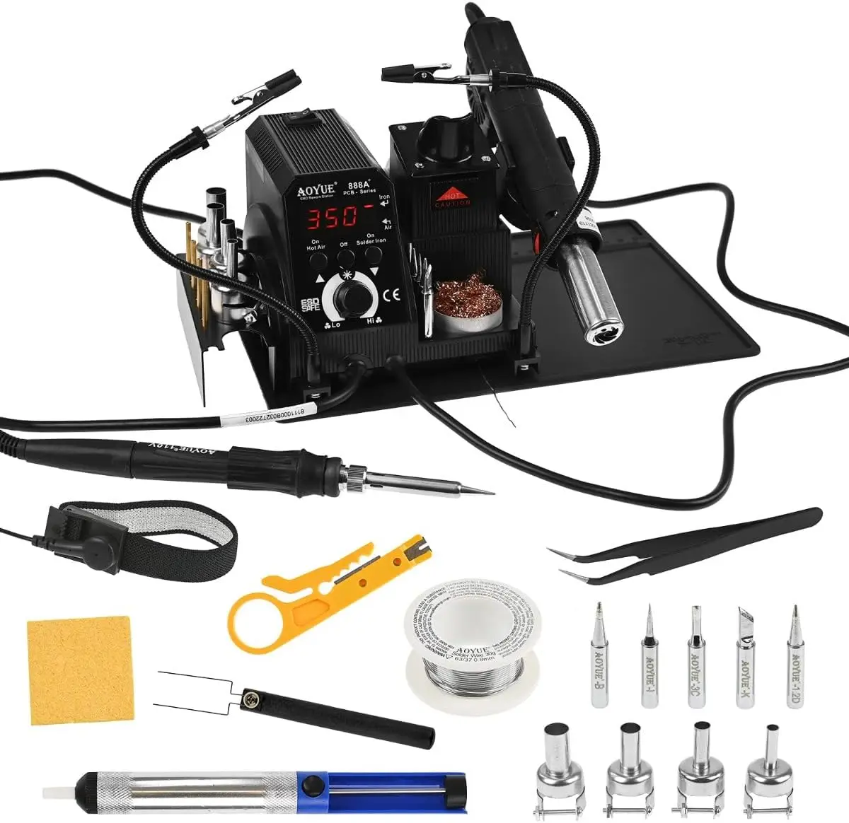 ue 888+ Pcb Series 2-In-1 Hot Air Gun Soldering Kit For Electronics - Includes Soldering Mat, Helping Hands, Solder Wire,