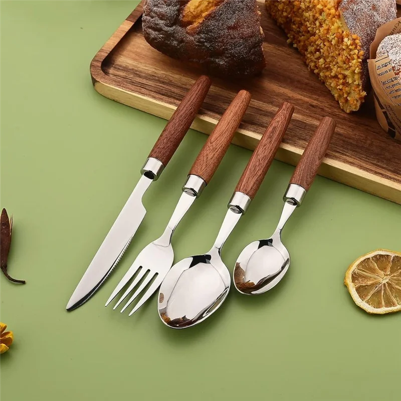 75STO-Stainless Steel Imitation Wood Handle Cutlery Set Western Cutlery Knife, Fork, Teaspoon Cutlery Set