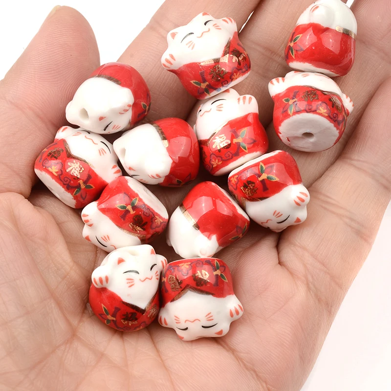 Red Big V-neck Cat Shaped Lucky Cat Animal Ceramic Beads Loose Porcelain Handmade DIY Beads For Bracelet Jewelry Making