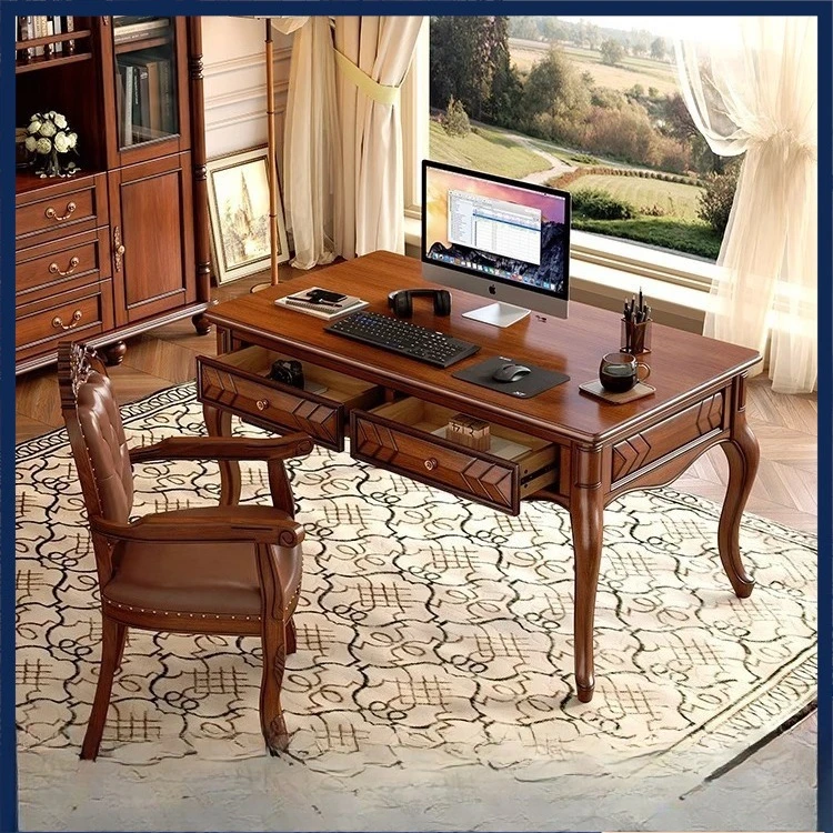 American retro rural solid wood desk and chair combination office boss table computer desk study light luxury writing desk