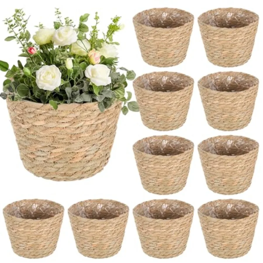 

10 PCS Seagrass Plant Baskets with Plastic Liners, Woven Planter Basket Set for Indoor and Outdoor Plants, Wicker Flower Pot Co