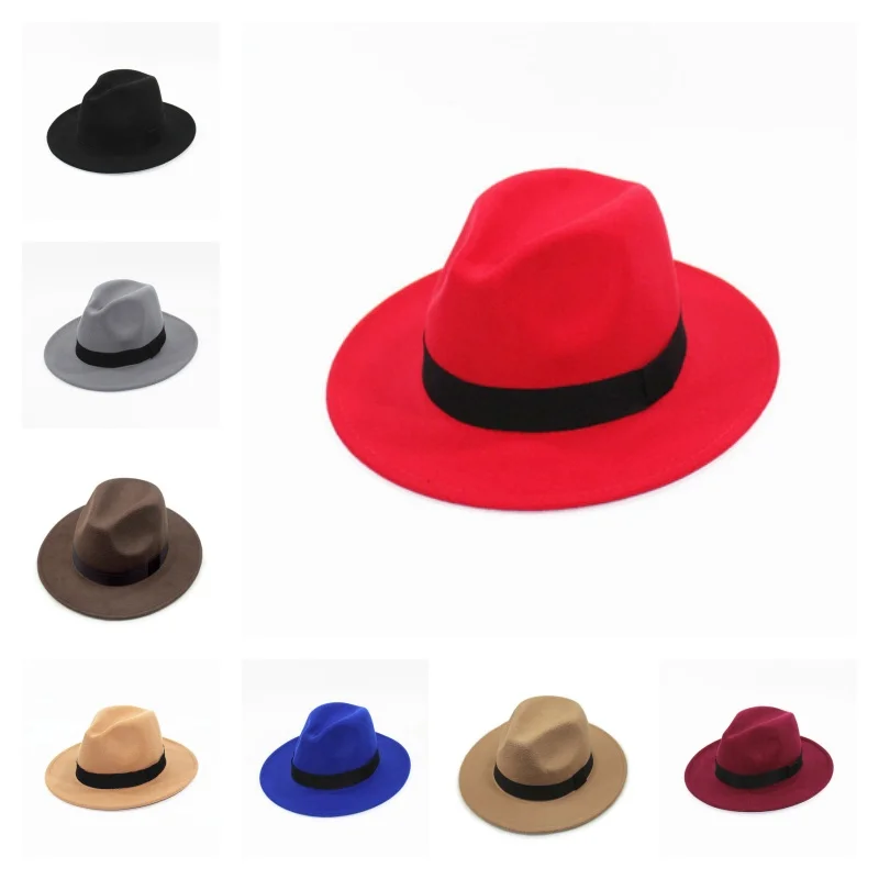 Autumn And Winter Men And Women British Retro Jazz Hat Large Brim Felt Hat Solid Color Versatile Gentleman Party Dress Hat