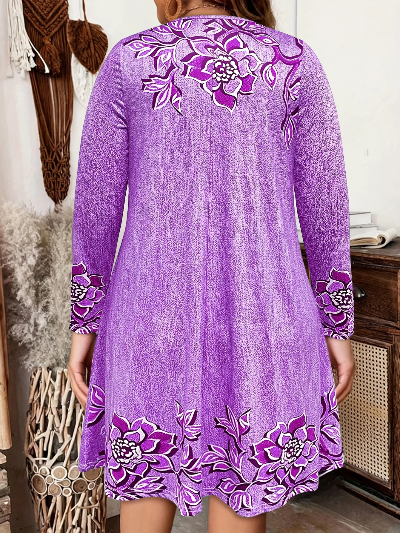 Plus Size Women Long Sleeve A Line Dress Round Neck Fake Button Floral Print With Pockets Loose Casual Autumn Dress