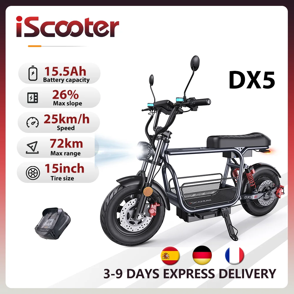 Trottinette électrique iScooter DX5, 48V 15.6Ah, vitesse maximale de 25 km/h, autonomie de 60-72 km, pneus pneumatiques tout-terrain de 15 pouces, verrouillage intelligent NFC, livrée avec siège et panier de rangement, moto électrique pour adultes