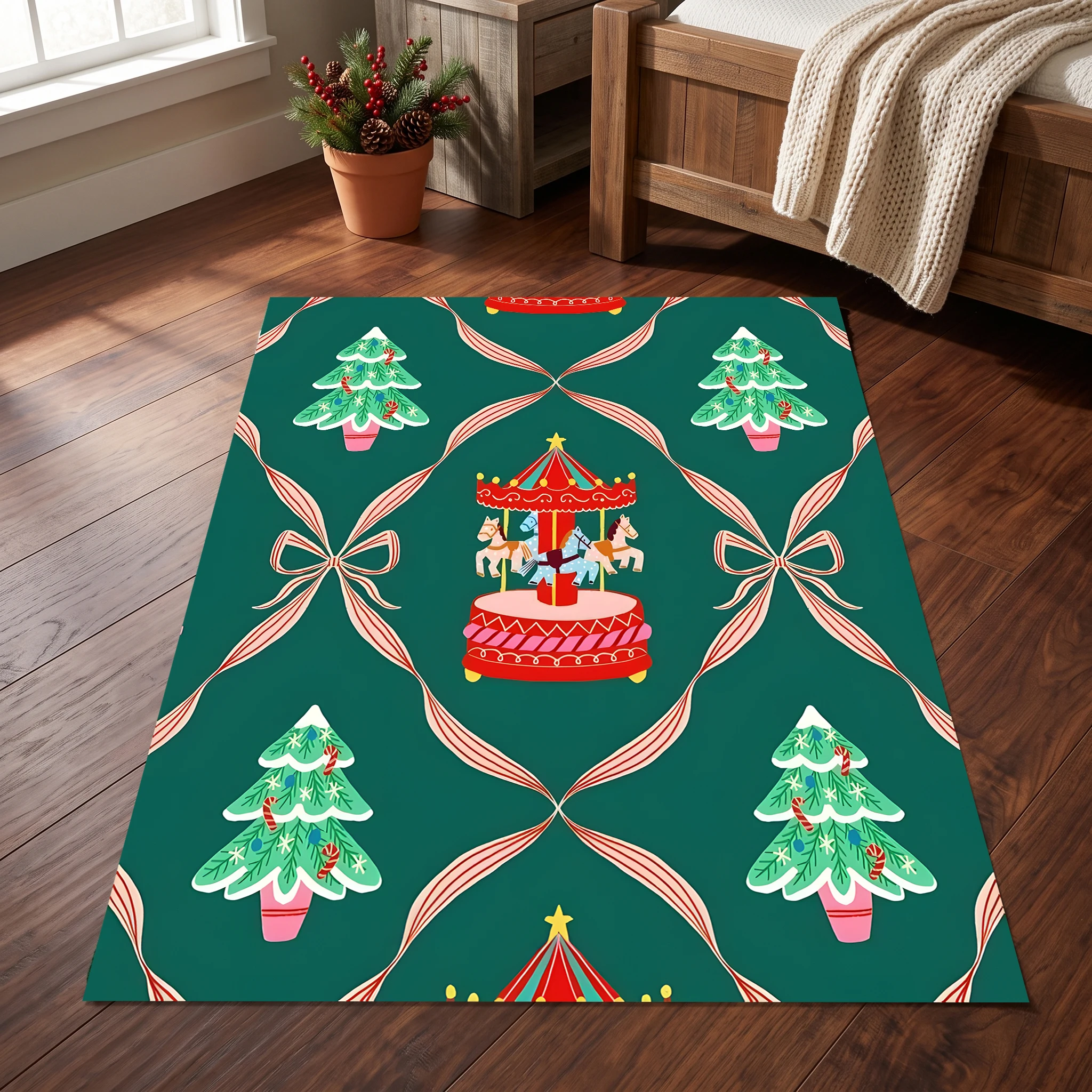 Velvet Rug Christmas Tree Carousel Bow Retro Childlike Style for Living Room Bedroom Bedside Entryway Decor
