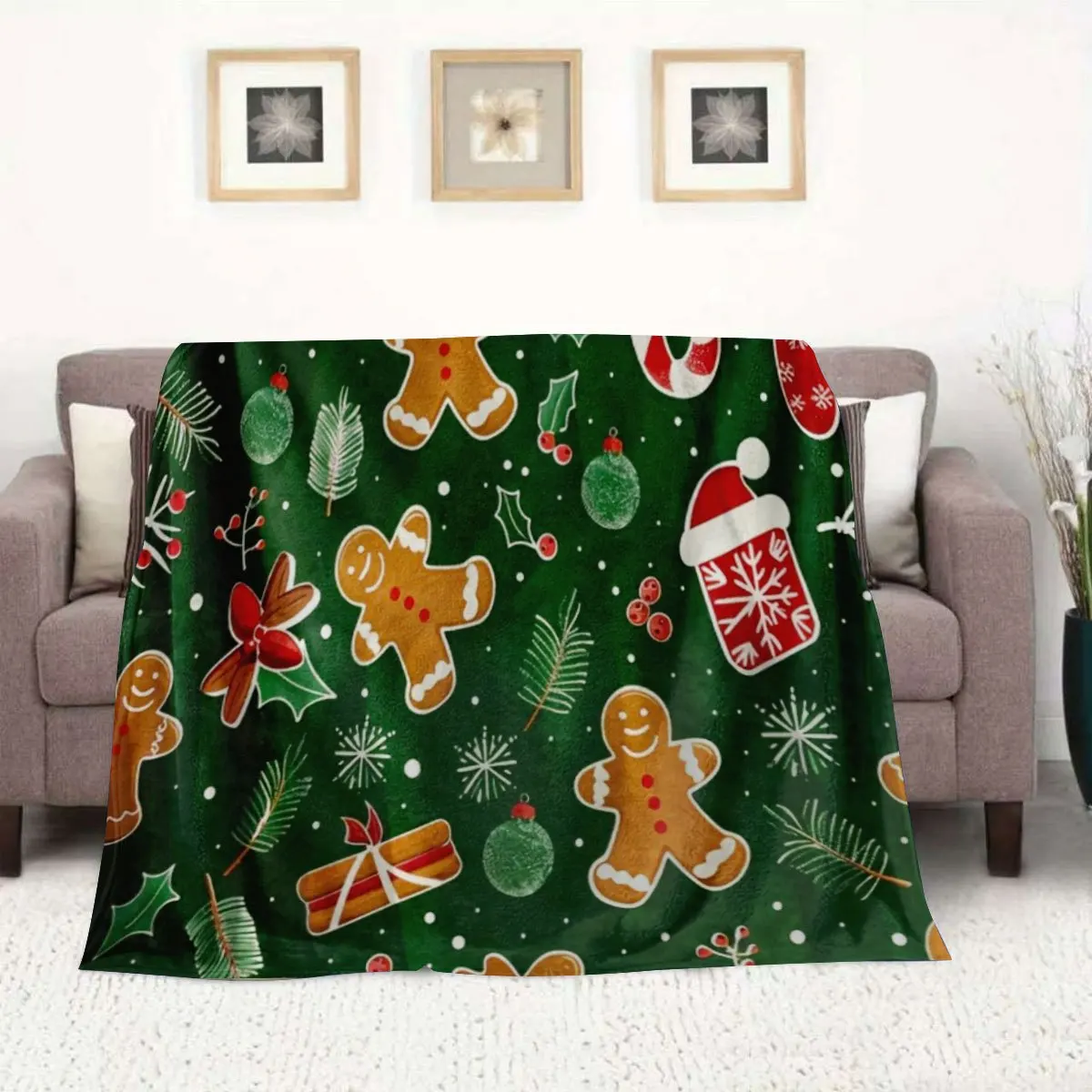 1pc Christmas Flannel Blanket with Red, Green, White, and Black Candy Cane and Peppermint Pattern | Cozy Winter Christmas Decora