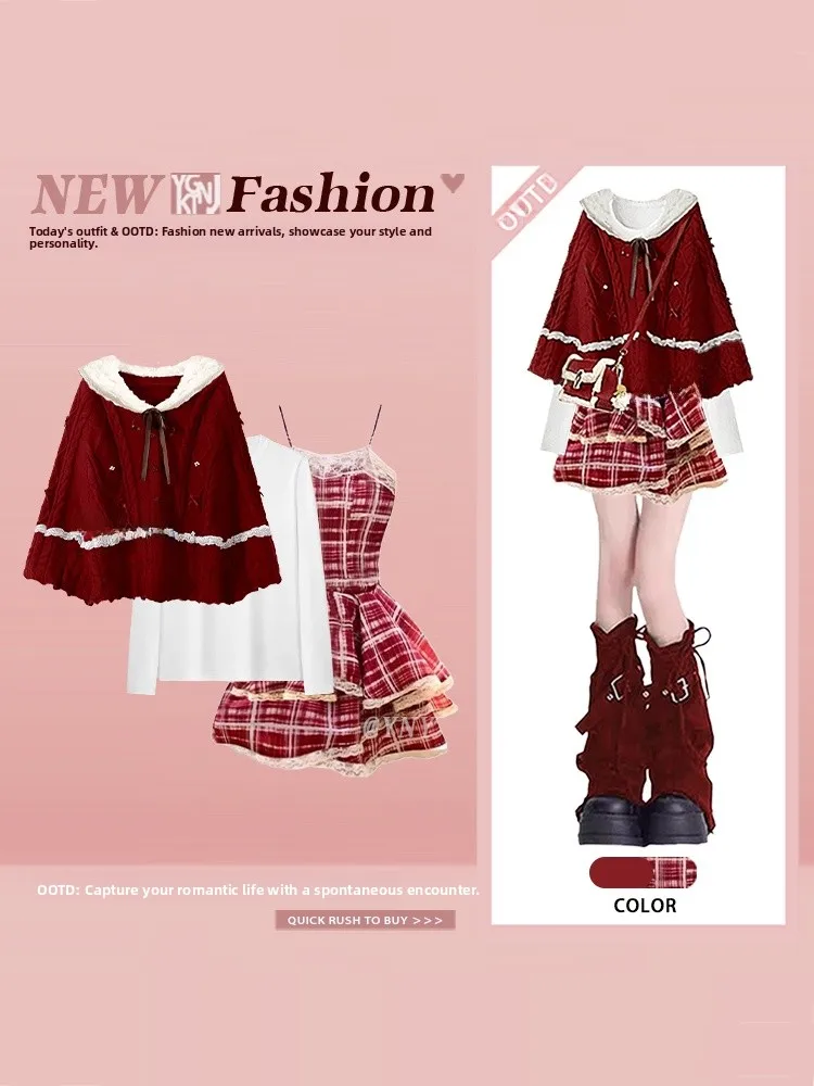 

Red Cable Knit Cloak Dr Winter Faion Tee-Piece Set New Year Street Sle High-End Sensation Plaid Skirt Long Sve Top