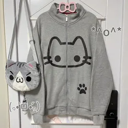 Cat Print Zipper Long Sleeve Stand Collar Women Loose Preppy Style Y2k Gray Japanese Sweatshirts Kawaii Sweet Sudadera Mujer