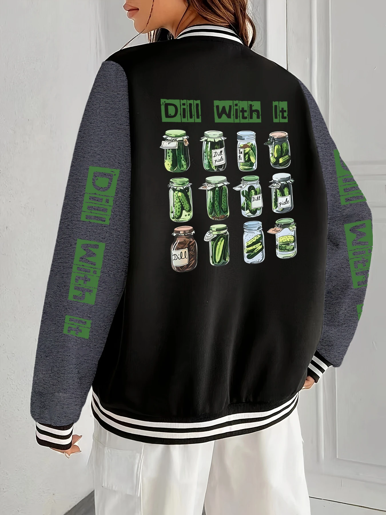 

Женский бейсбольный трикотаж Dill With It Canned Cucumber, осенняя повседневная куртка, мягкие удобные куртки с круглым вырезом, униформа Харадзюку