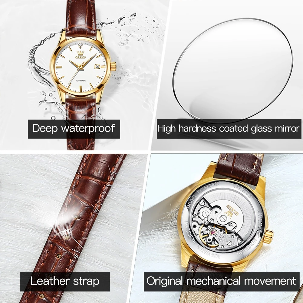 OLEVS 6629 Mechanical Fashion Watch Gift Genuine Leather Watchband Round-dial Wristwatch Calendar Luminous