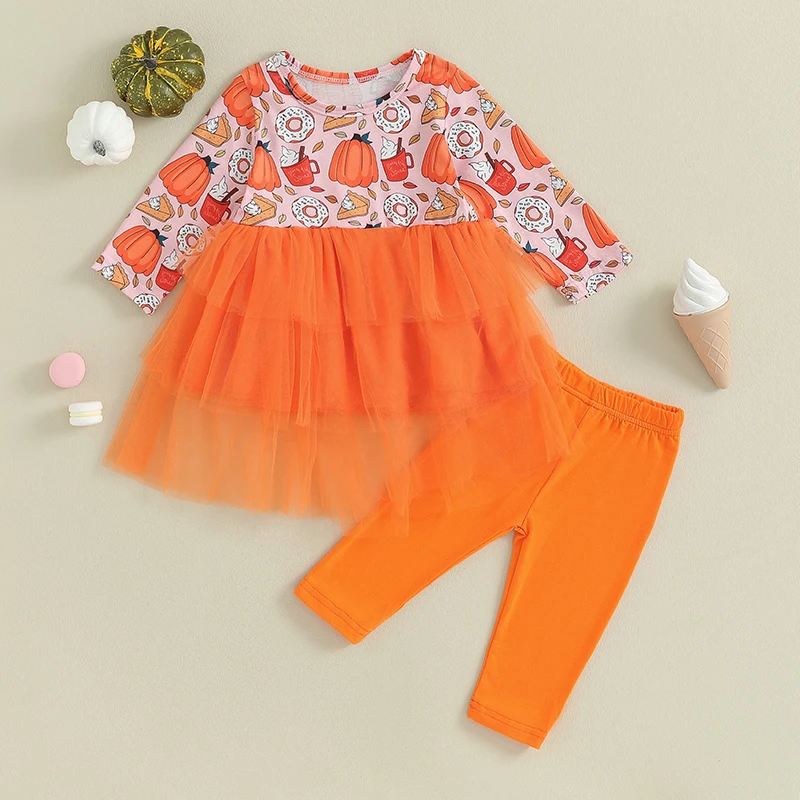 Baby Girls Fall Outfit Long Sleeve Pumpkin Print Tulle Dress with Pants Halloween Clothes