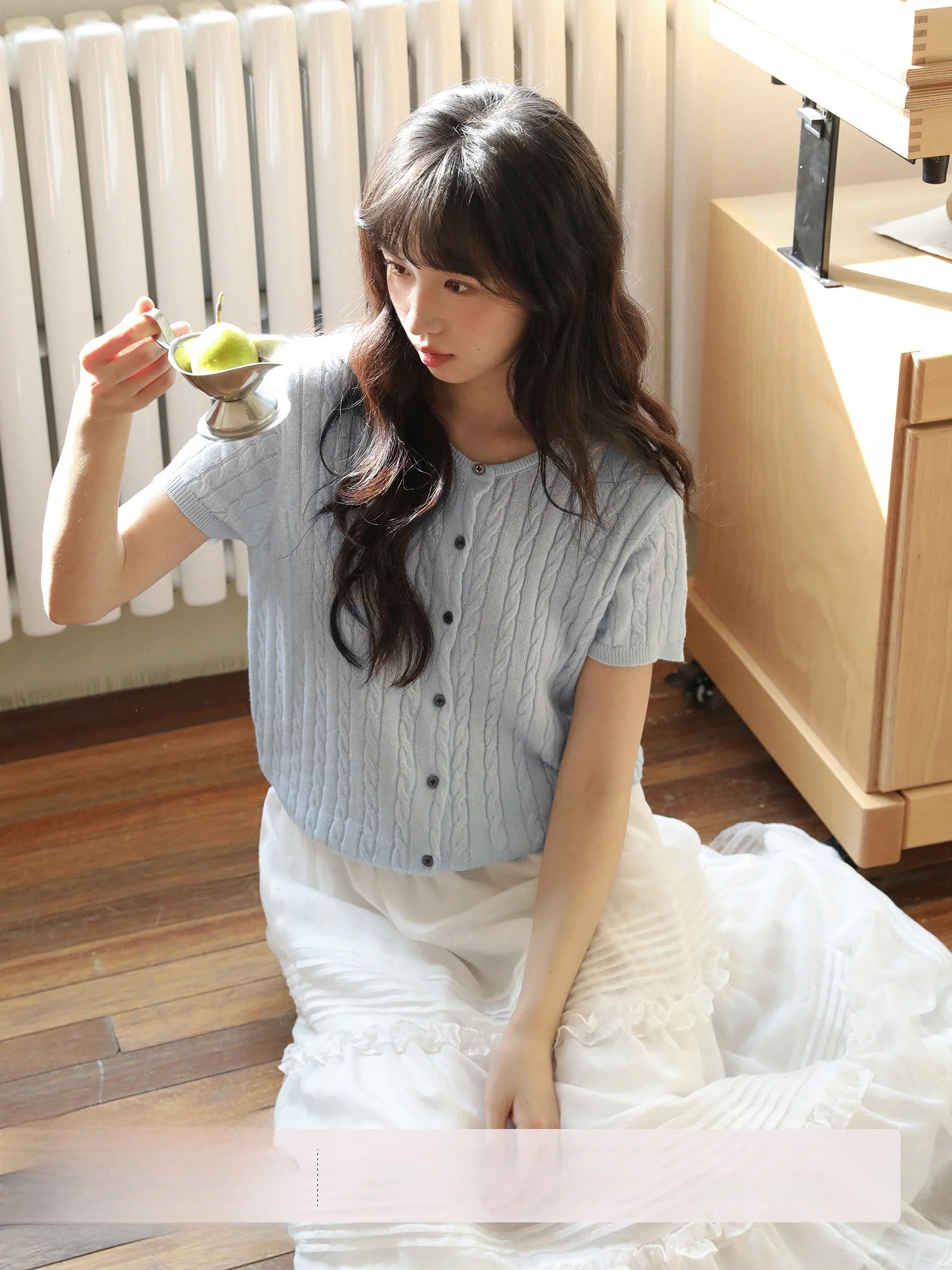 

Jasmine Pear Cream Color Knitted Short Sleeve Women's Unique Beautiful Sweater Vintage Twist Early Spring Top Warmth Heating