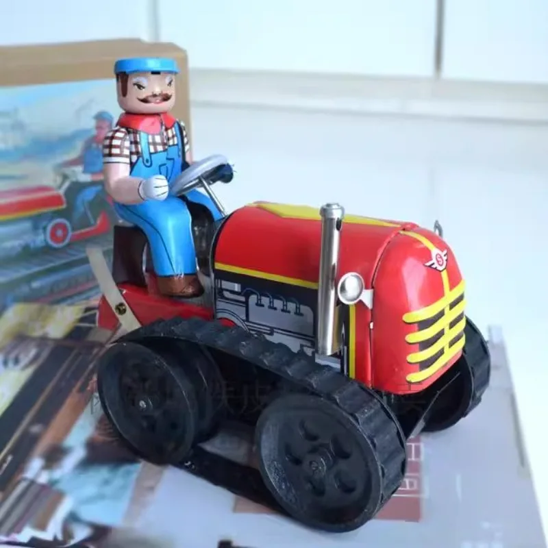 

Adult Collection Retro Wind Up Toy Figures Metal Tin Farmer on Agricultural Machinery Tractor Mechanical Clockwork Toy
