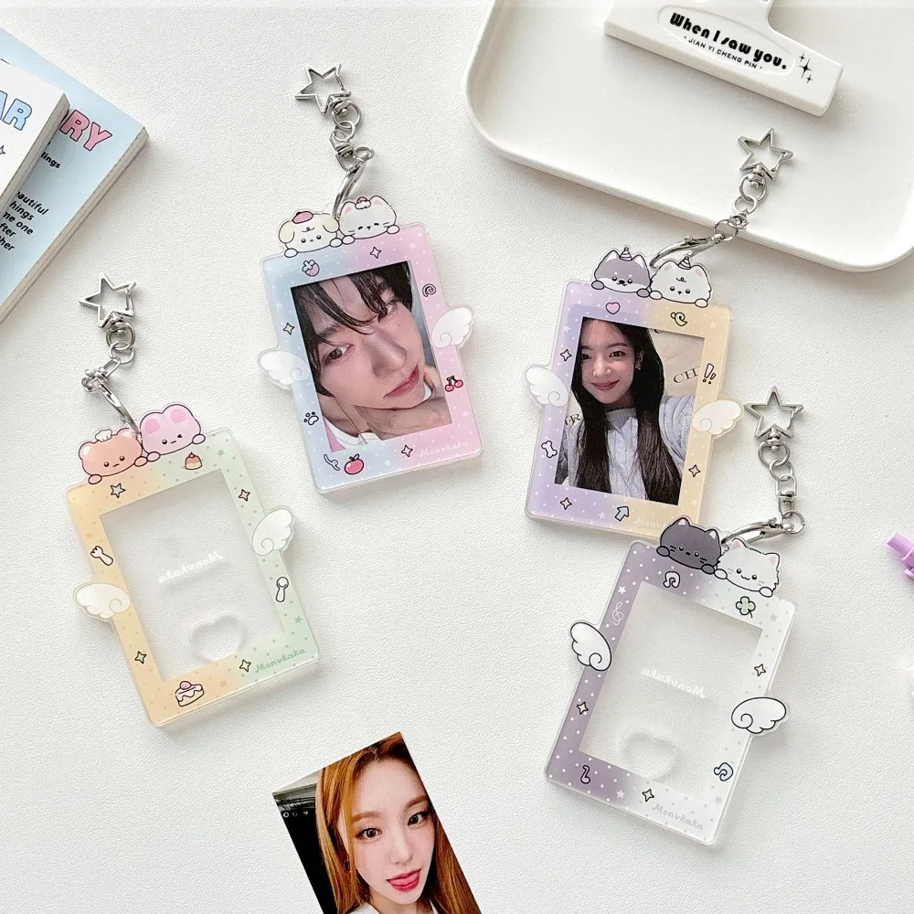 Cartoon Angel Wings Photocard Holder Keychain for Kpop Fans 3 Inch Acrylic Hard ID Card Case Picture Bag Charm for Backpack