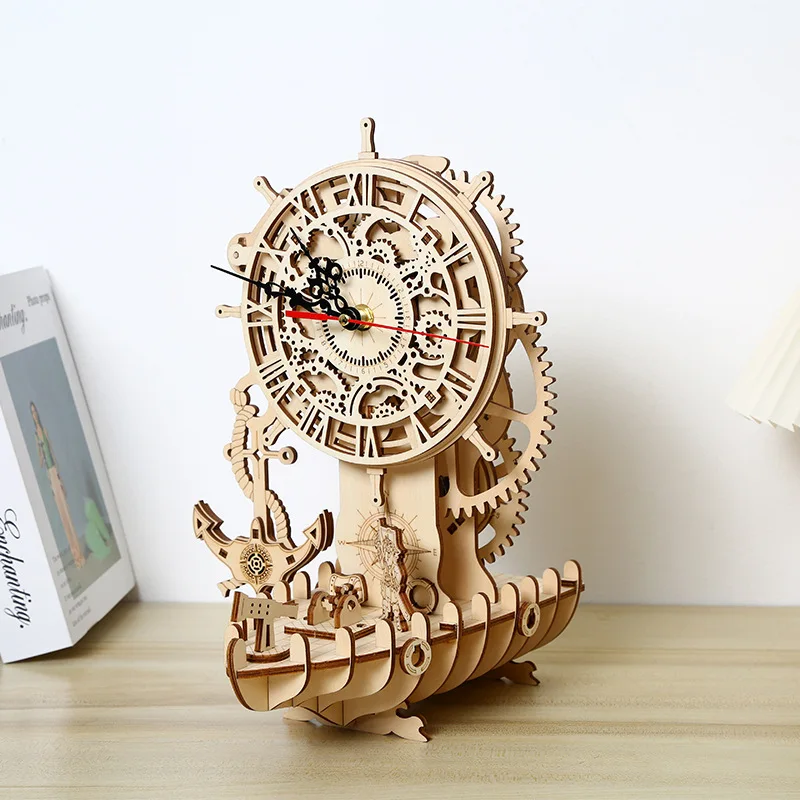 Small ornament pirate ship clock 3D stereoscopic puzzle wooden home decoration ornament puzzle assembly toy DIY small ornament