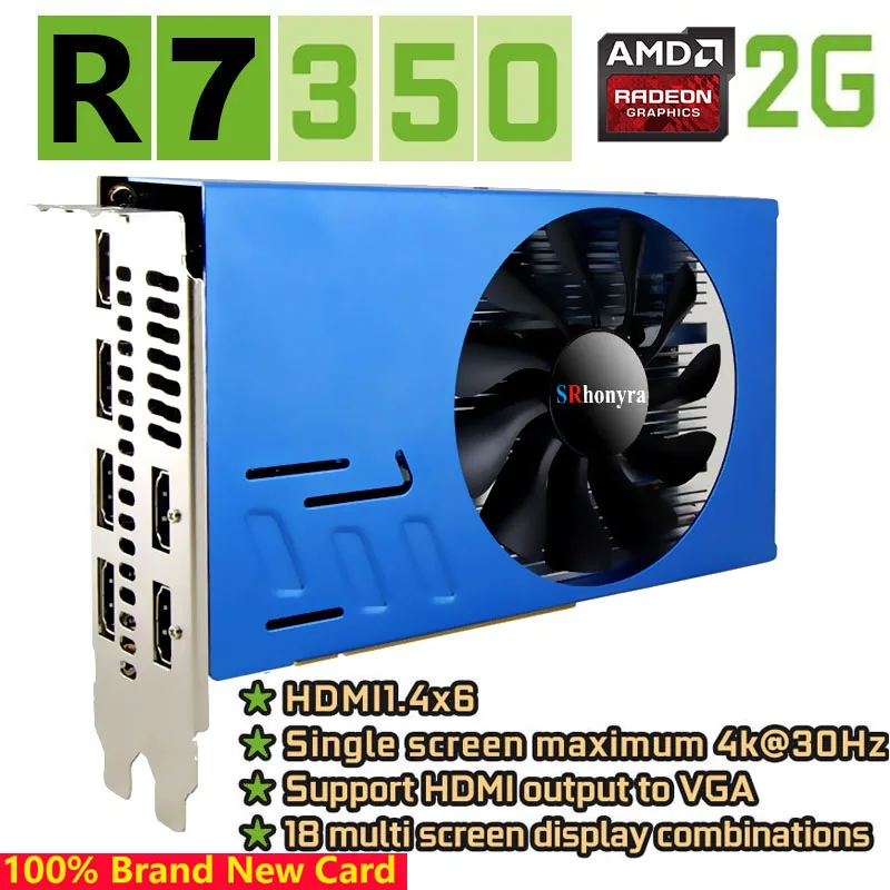 

Видеокарта SRhonyra R7 350, мультиэкранная 2 ГБ 6 HDMI, графический процессор GDDR5 128 бит для складской торговли/наблюдения