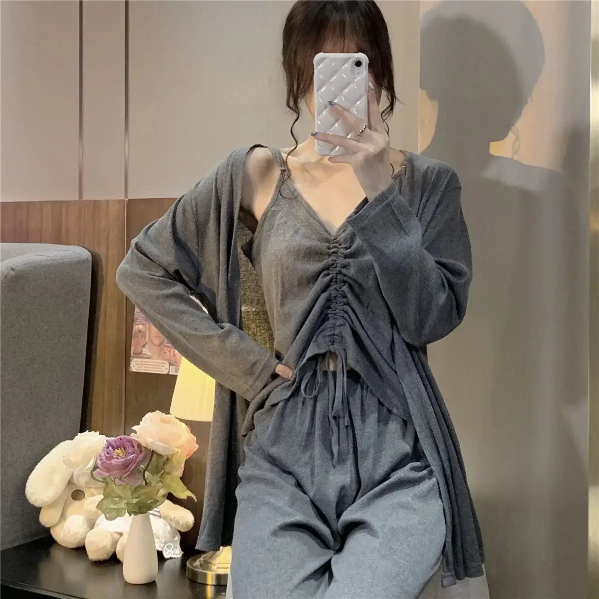 

3pcs Spring Summer Pajamas Sweet Set Women Loungewear Three Sets Drawstring Suspenders Pants Robe Cardigan Sleepwear New