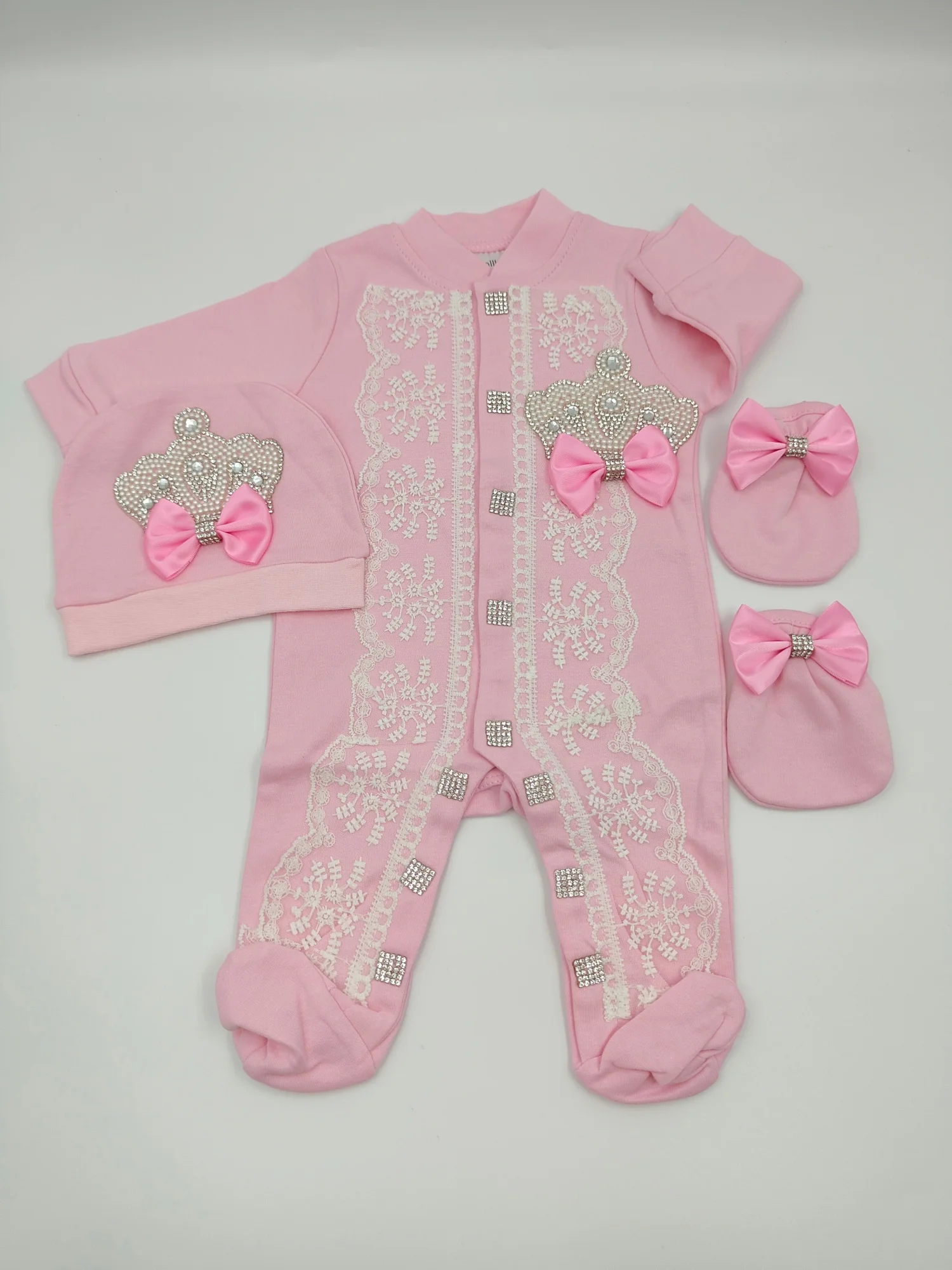 Newborn Baby Footed Romper 0-9 Months 3Pcs All Baby Pink White Lace Pearl Rhinestone Crown Satin Bow Long Sleeve Footed Jumpsuit