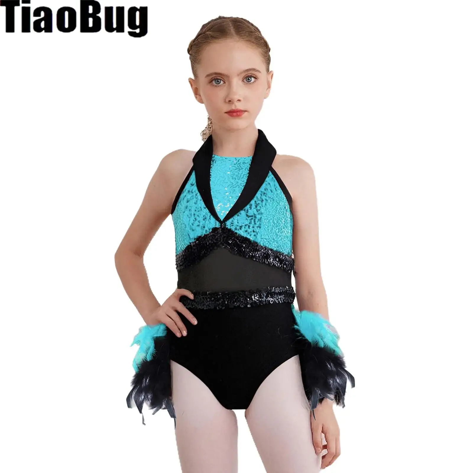 

Girls Ballet Gymnastics Leotard Jazz Dance Dress Sleeveless Sheer Mesh Sequin Feather Tutu Skirted Bodysuit Lyrical Tutu Dress