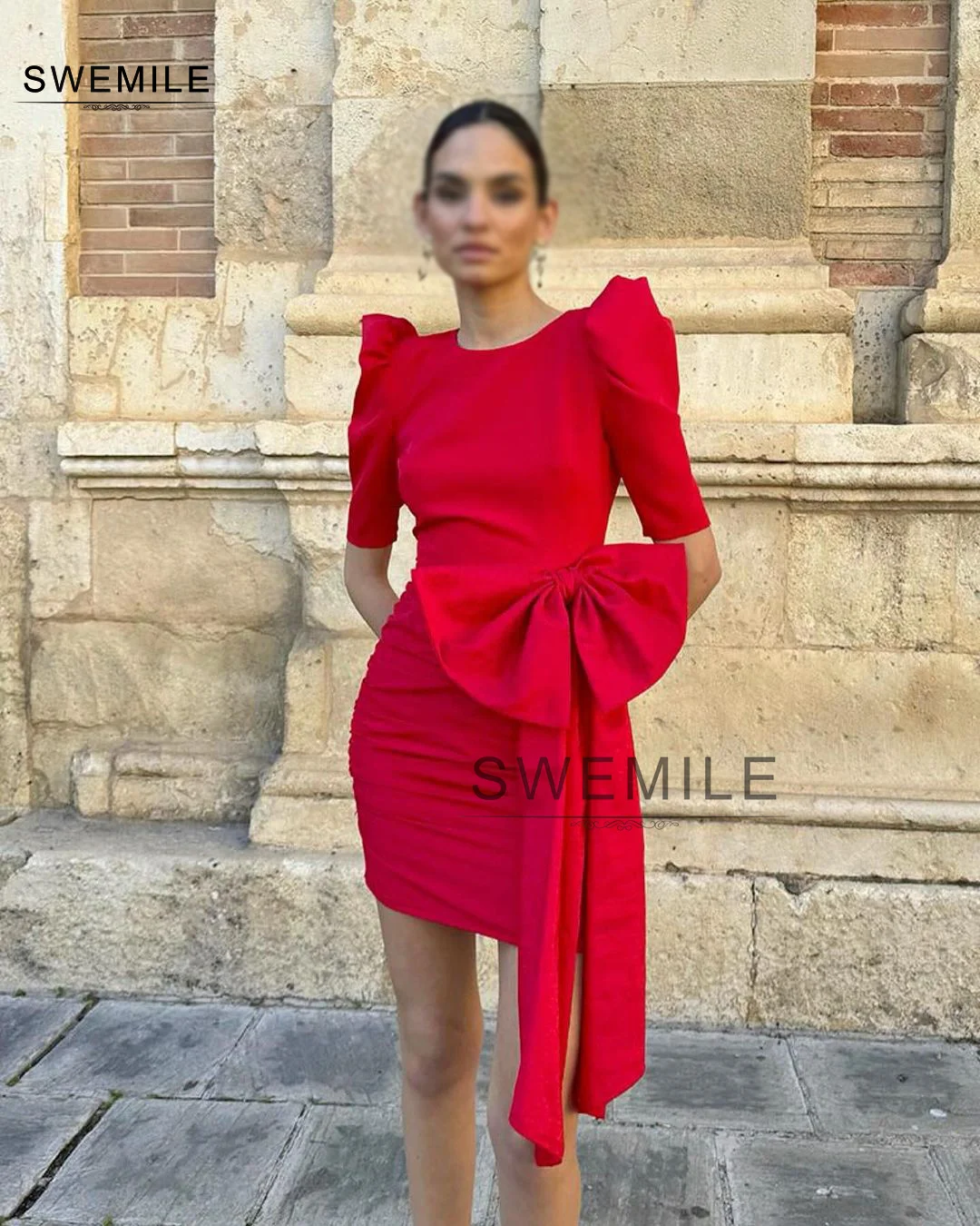 

SWEMILE Customize Red Column O Neck Bow Short Evening Dresses Back Hollow Out Mini Wedding Party Cocktail Party Prom Gowns 2025