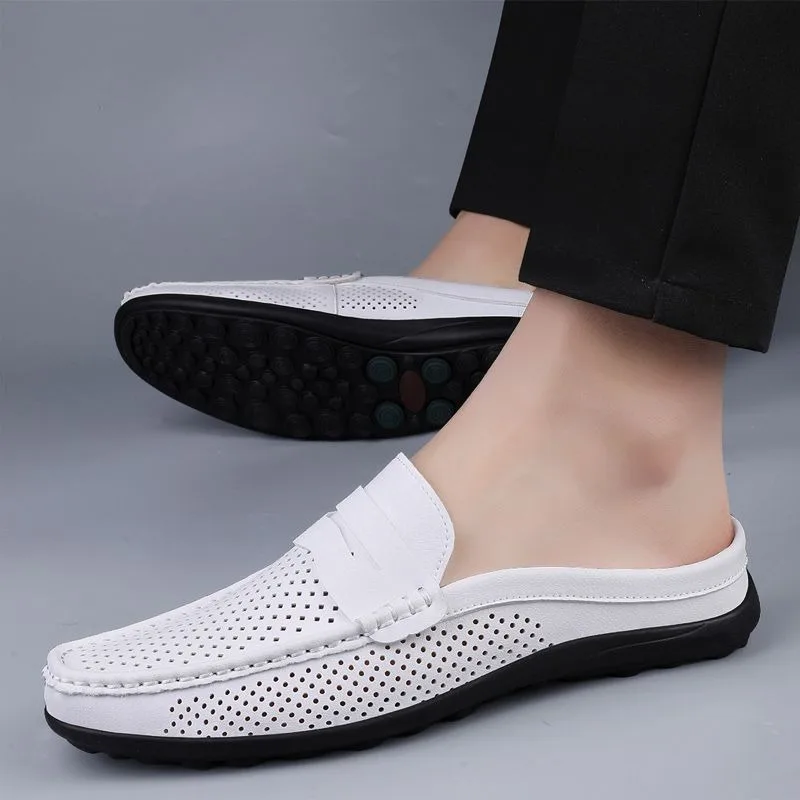 Men's Breathable Perforated Leather Semi-Slip-On Loafers Casual Comfort Shoes for Everyday Wear