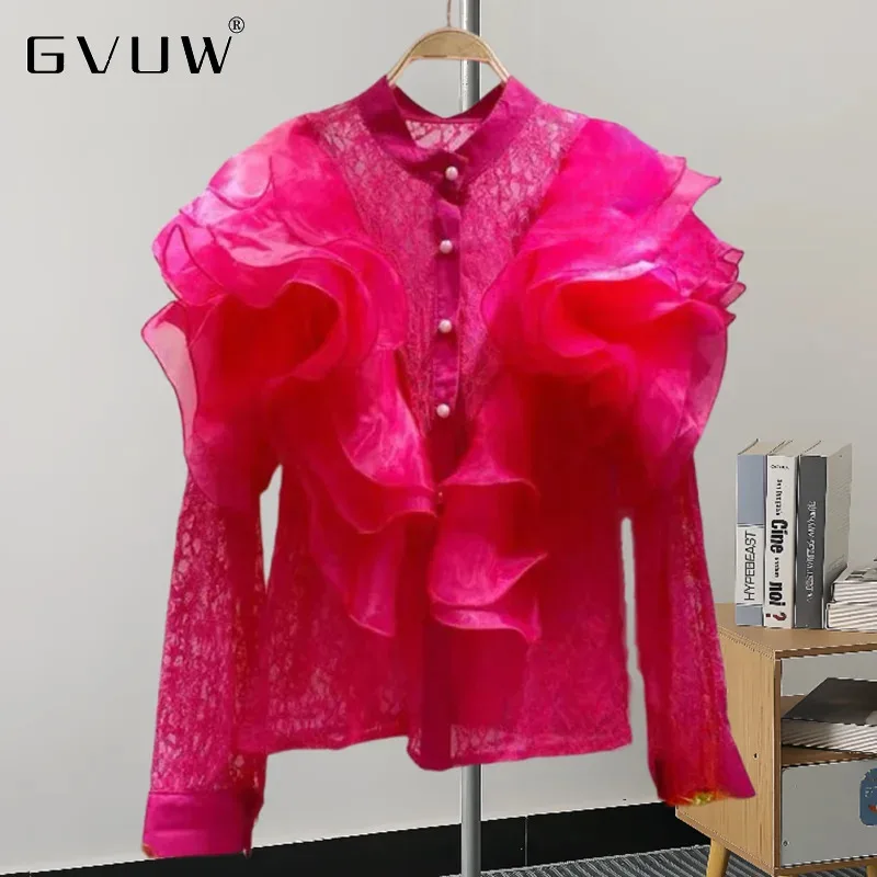 GVUW Fashion Round Collar Shirt Women Full Sleeve Lace Single Breasted Niche Design New 2024 Elegant Lady Clothing 17G7310