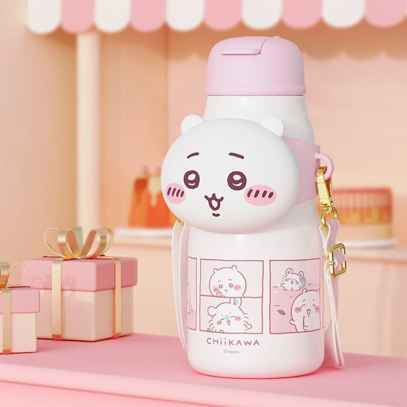 

640ml Chiikawa Kawaii Cartoon Insulated Water Cup Cute Anime Portable Stainless Steel Tumbler With Strap For Kids Office