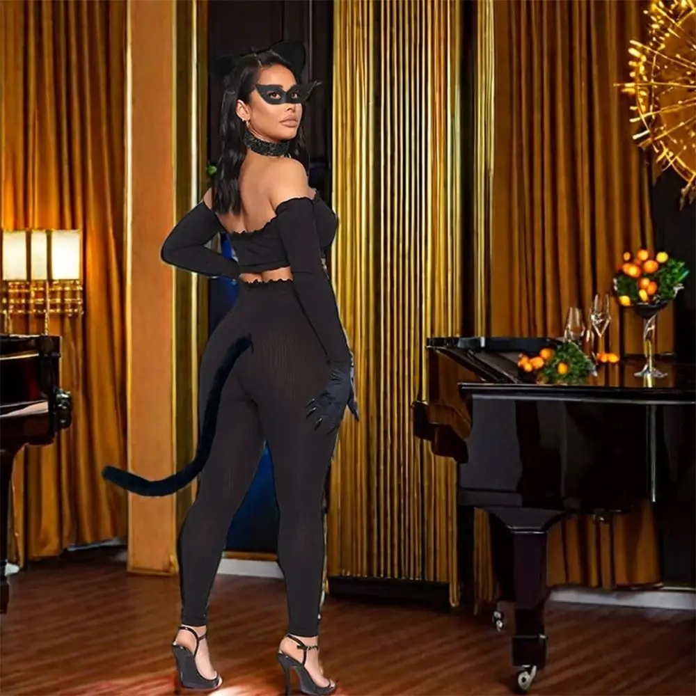 Divertente Halloween Cat Ears Mask and Tail Set fascia Sexy, guanti, collana Wild Cat Cosplay Outfit regali per le donne