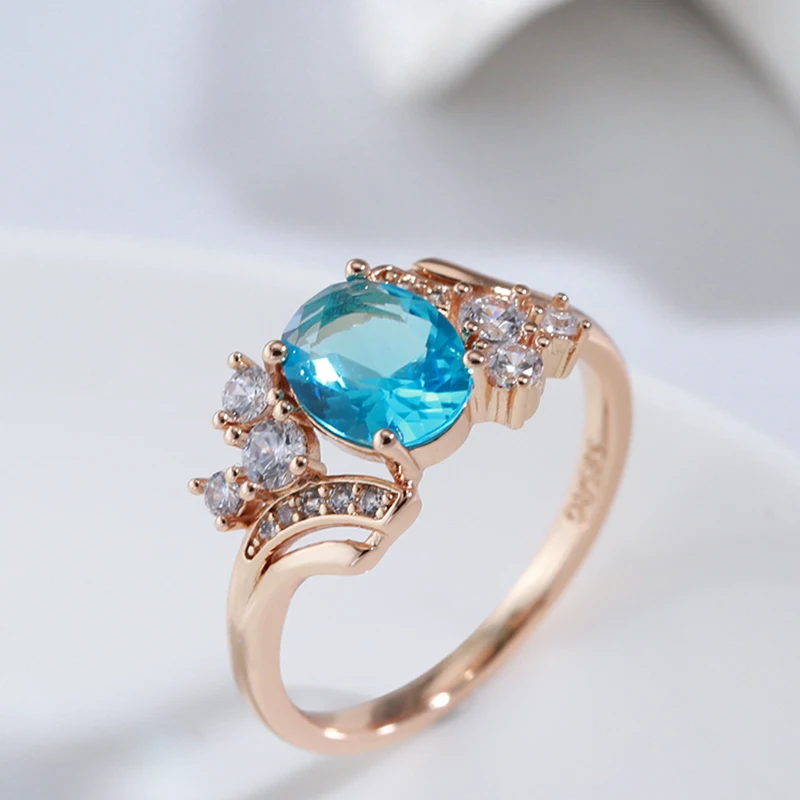 SYOUJYO Shiny Blue Oval Natural Zircon Rings For Women Peach Heart Cutting 585 Rose Golden Wedding Luxury Jewelry