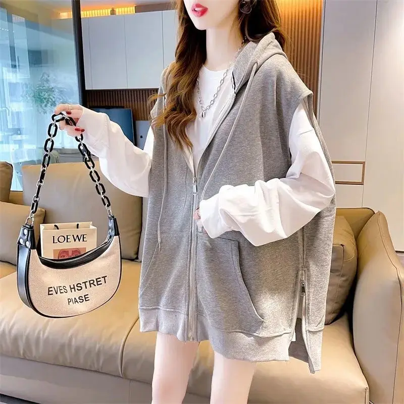 

2023 Spring and Autumn Thin, Lazy, Relaxed, Relaxed, Versatile, and Fashionable Pop Street Cardigan Hooded Sleeveless Sweater