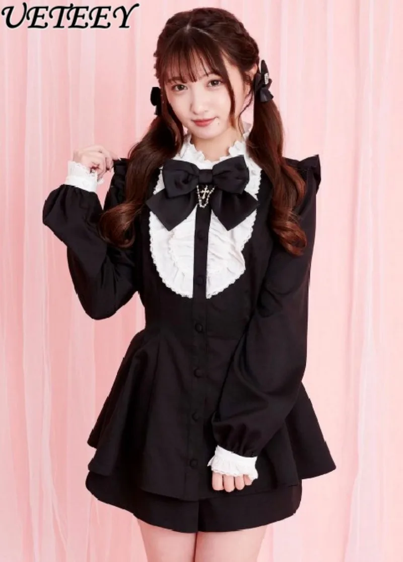 

Sweet Lolita SC Suit Japanese Mass-Produced Detachable Bow Shirt Cute Girl Stand-up Collar Cinched Top Base Shorts Two-Piece Set