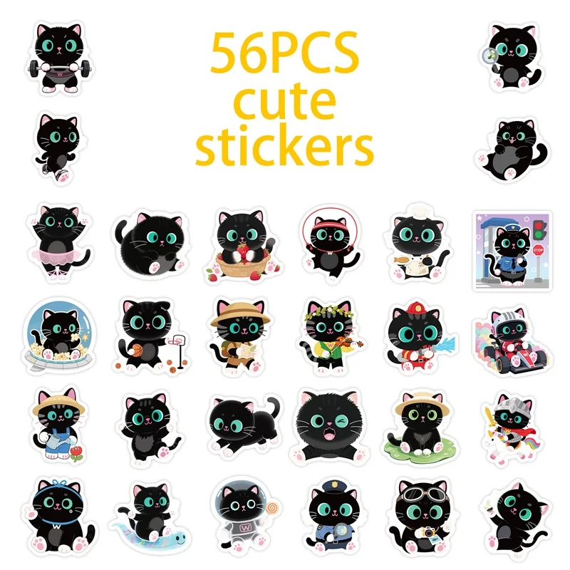 10/30/56PCS Kawaii Big Eye Black Cat PVC Sticky Sticker Aesthetic DIY Decoration Scrapbooking Hand Accounting Supplies for Kids