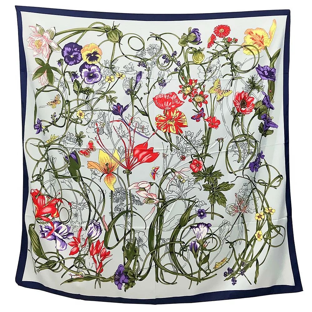 100% Silk Scarf Women Large Shawls 2023 Floral Print Stoles Square Bandana Luxury Melt Kerchief Scarf Female Foulards 130CM