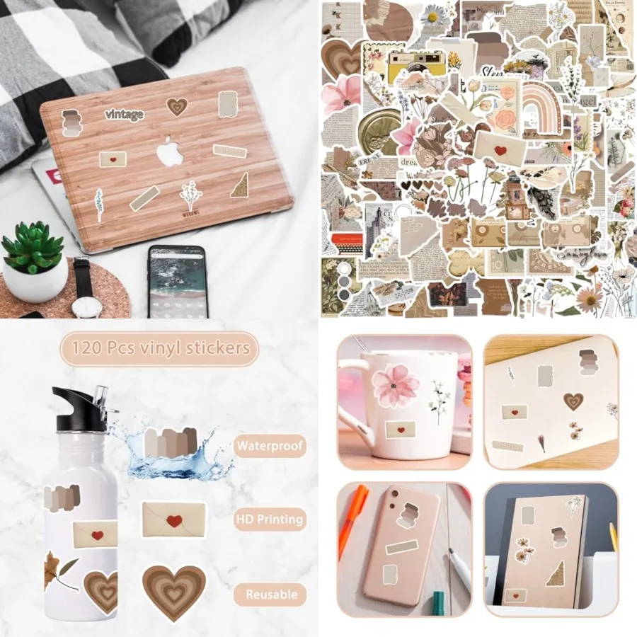 120 قطعة ملصقات عتيقة مقاومة للماء سجل القصاصات ملصق جمالي لزجاجات المياه اليومية مخطط كتيب مذكرات غير المرغوب فيها مثالية لـ Te