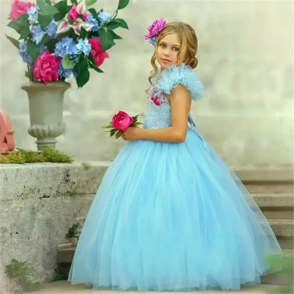 

Flower Girl Dress Lovely Blue Sleeveless Gauze Lace Back Princess Ball First Communion Dresses Kids Surprise Birthday Present