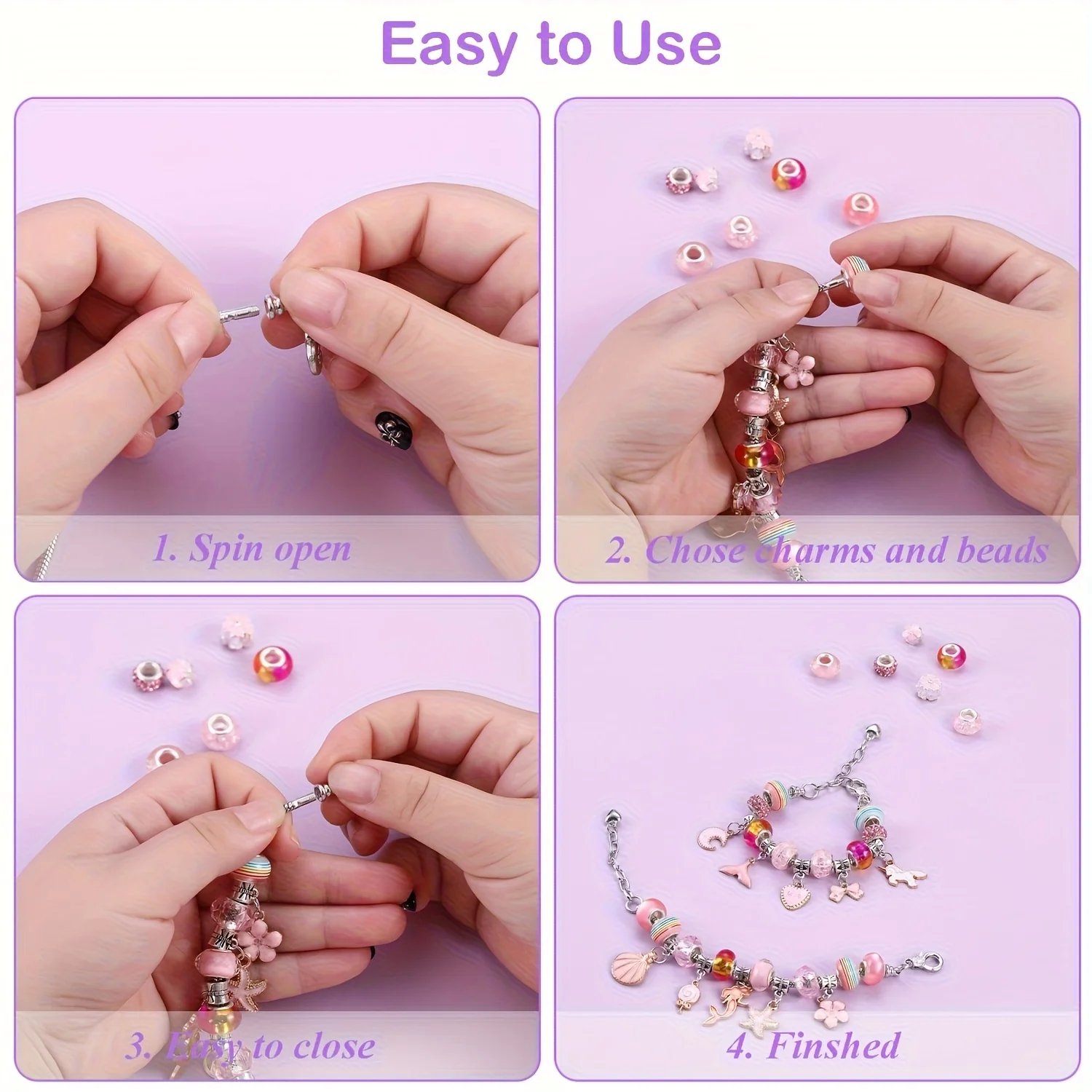 68Pcs Beading Kit with a Violet Jewelry Box Pink Charms Bracelet Making Kit, DIY Beaded Bracelet Necklace Making Gift Box view 3