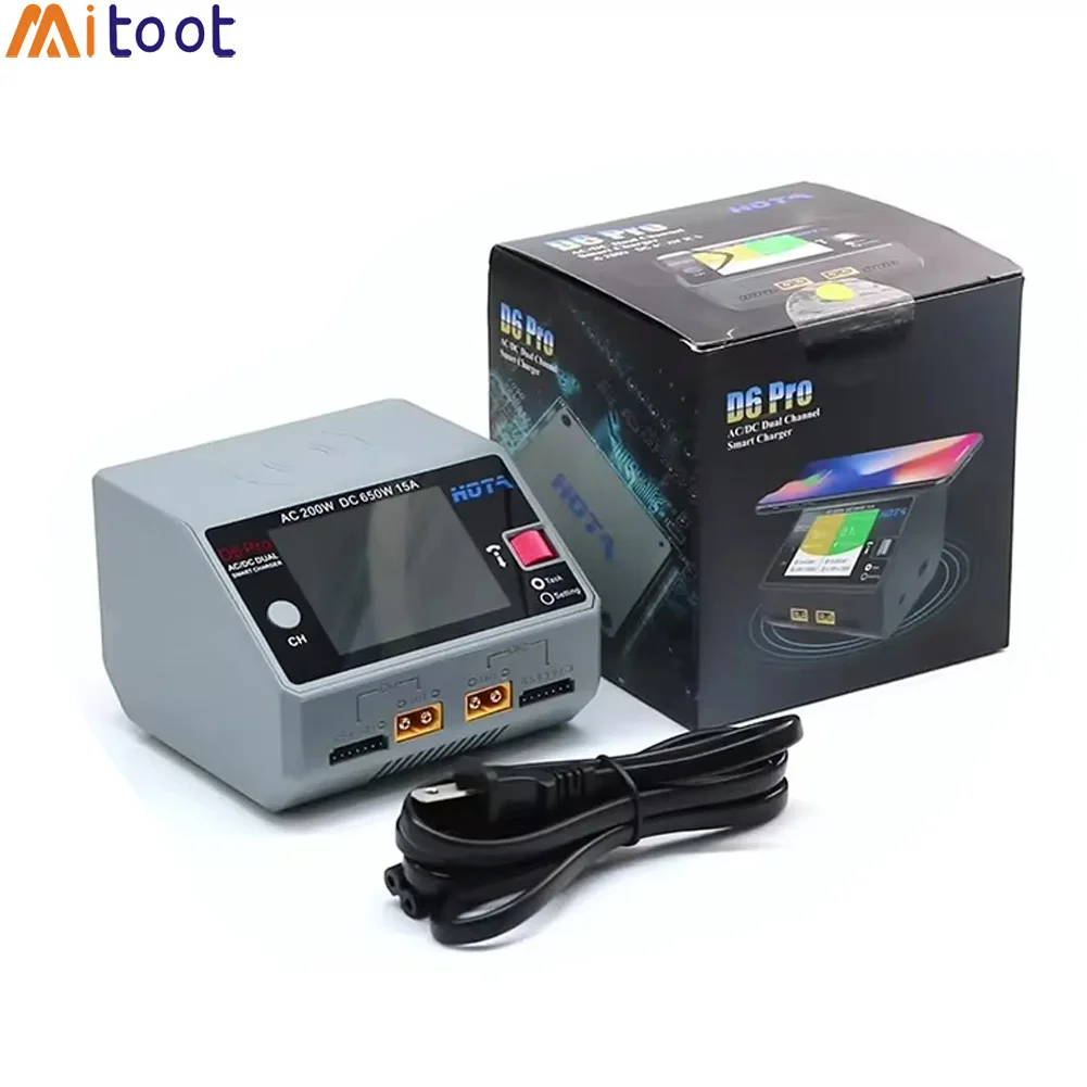 HOTA Smart Battery Charger D6 Pro Black, AC 200W DC 2x325W 15A Discharger Dual Channel LiPo Charger for RC Drone Spare Parts