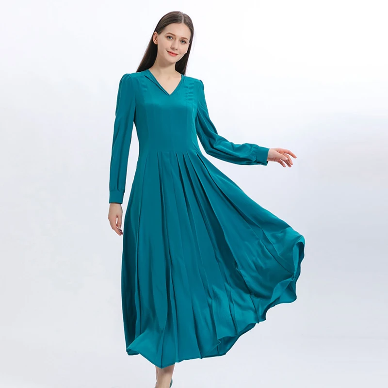 Simple V-Neck Shirt Long Sleeves Blue Silk Woman Dress Office Ladies Pleated Dresses Spring Maxi Dresses for Women AE1235