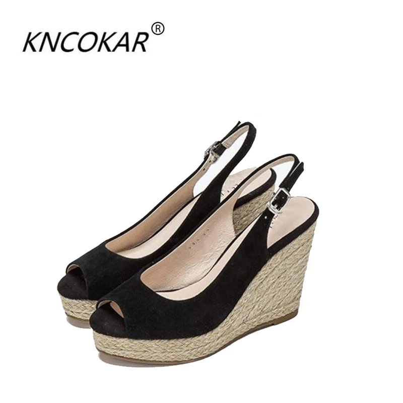 KNCOKAR  New style wedges with fish mouth shoes golden silk rope sandal women's small size 31 32 33 large size 40 41 42 43