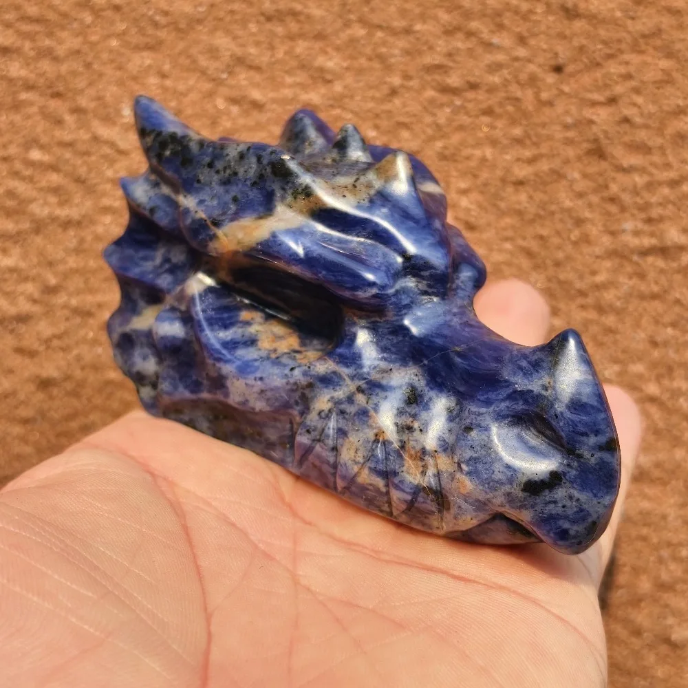 

Natural Sodalite Dragon Skull Carving Quartz Crystal Ornament Reiki Healing Home Decor Blue Gemstone Figurine